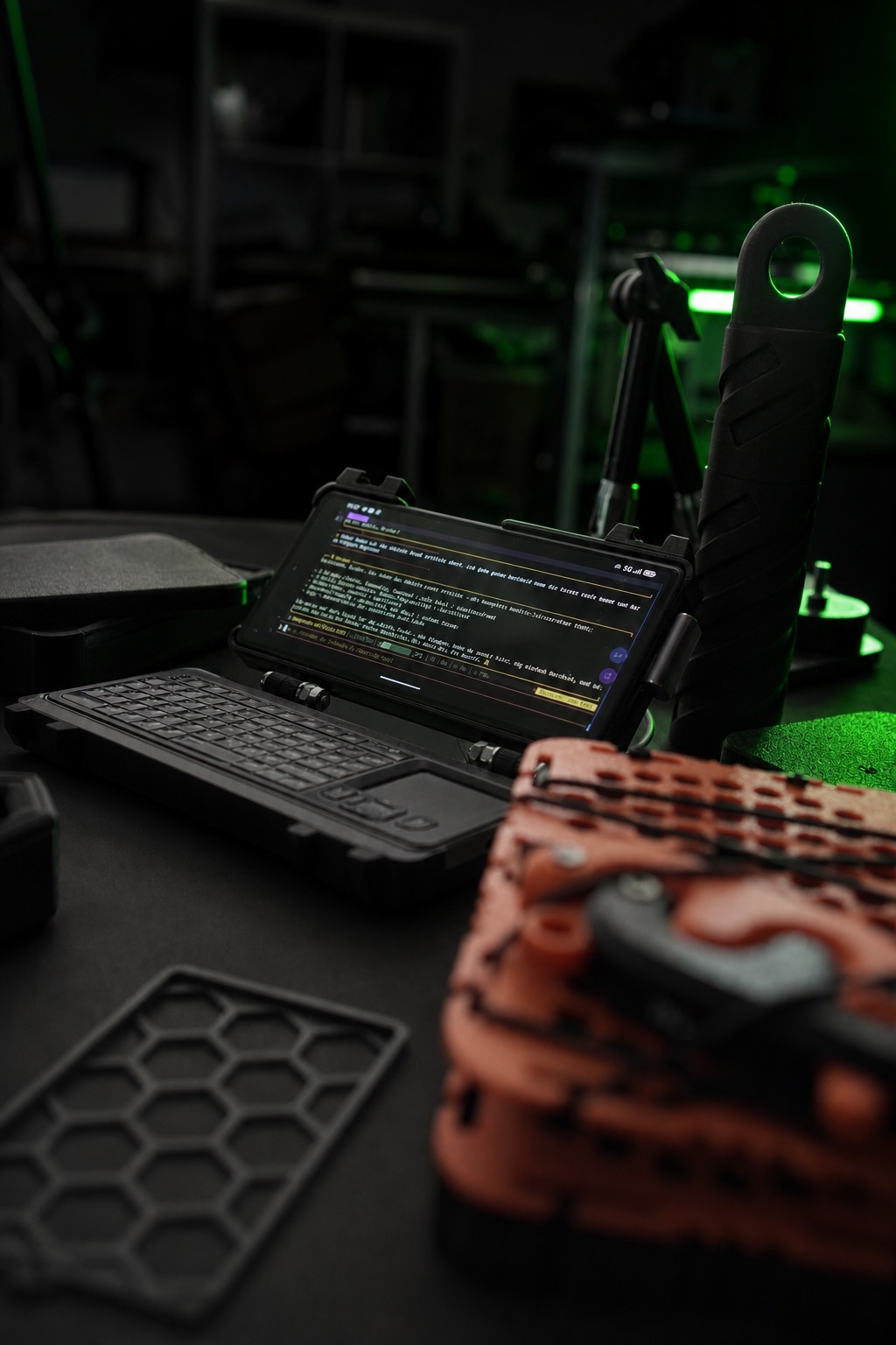 HUNTER Cyberdeck mit geöffnetem Display und Ringstand